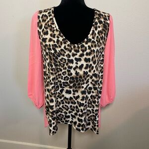 SI AVANCE Small Coral Mixed Pattern Bishop Sleeve Leopard Blouse